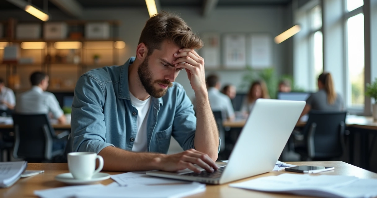 Homem sentado em escritório aparentando estresse e distração no computador